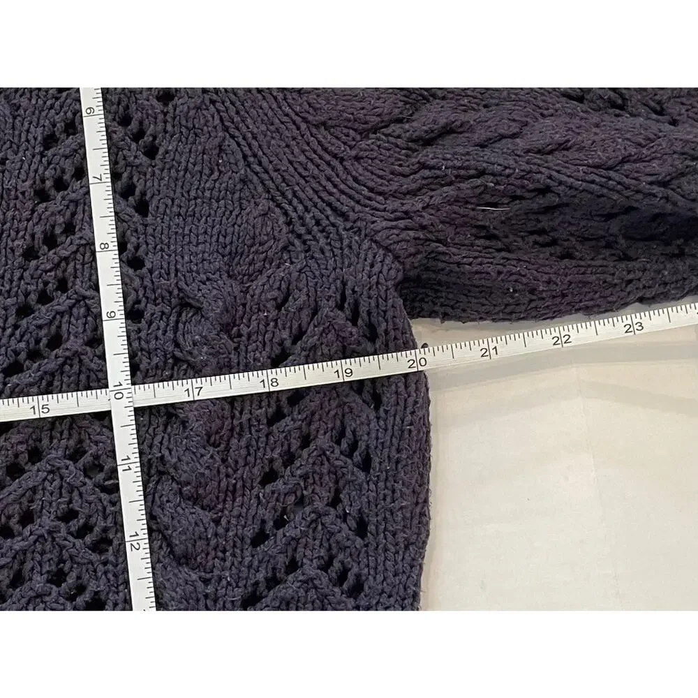 Lands' End Navy Blue Open Knit / Crochet Cardigan, Shawl Collar, V-Neck, Size LP